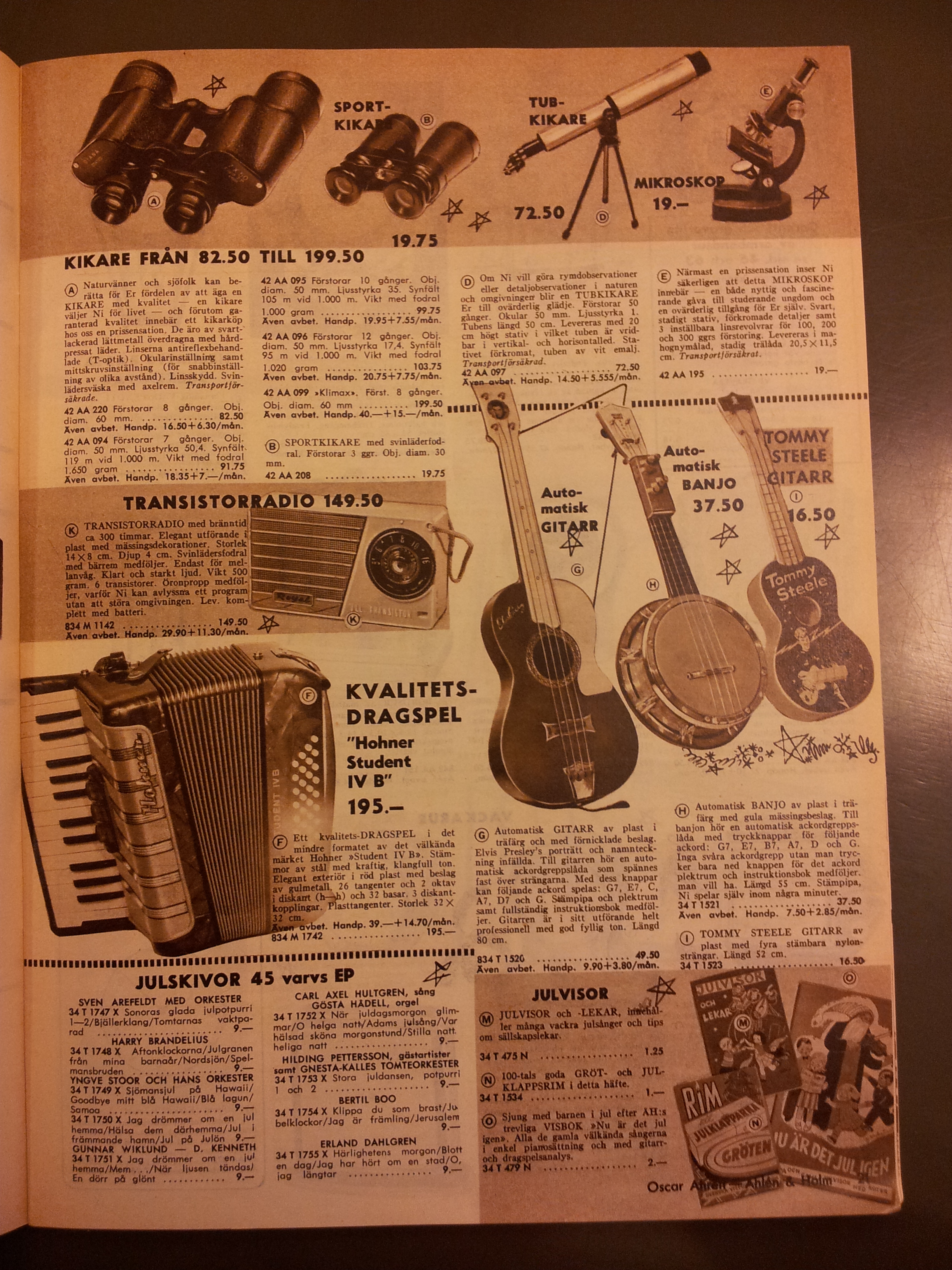 Åhlén & Holms julkatalog 1959. Här dyker de falskskyltade ukulelerna upp för första gången. I allehanda lustiga förklädnader, dessutom.